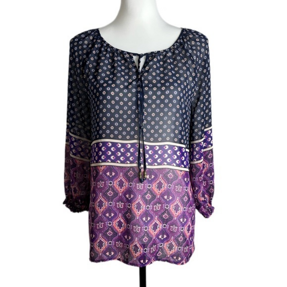C&C California Mixed‎ Print Sheer Boho Blouse Purple Navy Women Size S